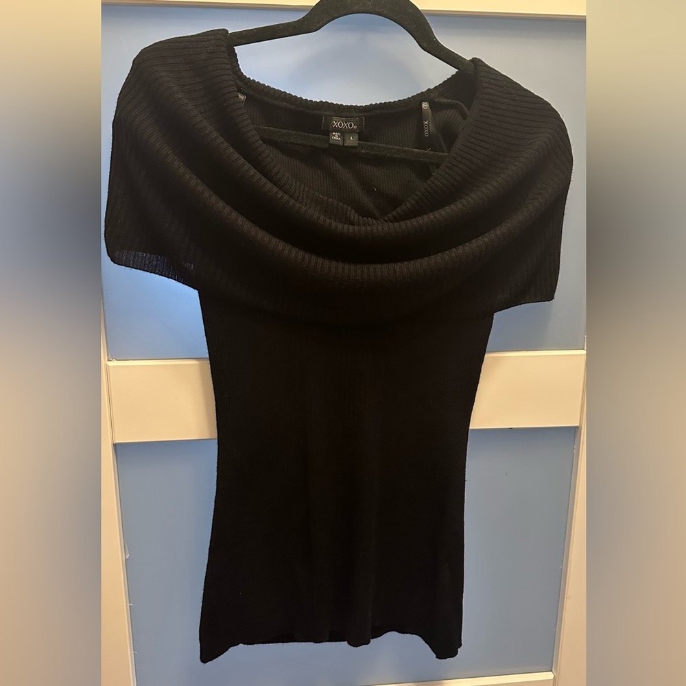 XOXO Black Ribbed Knit Cowl Neck Off Shoulder Top Size L Fitted Stretch Y2K